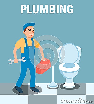 Male Plumber Cartoon Character with Wrench Tool Vector Illustration