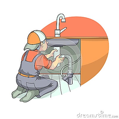 A male plumber installs a new siphon under the sink Vector Illustration