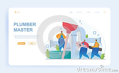 Male plumber masters in overall cleaning pipe together Vector Illustration