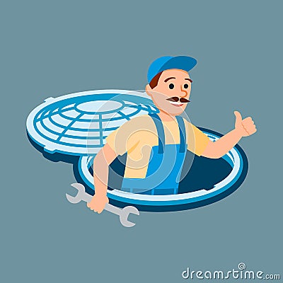 Male Plumber in Uniform Sewage System Inspection Vector Illustration