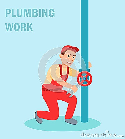 Male Plumber with Wrench Tool Repair Valve Vector Illustration