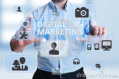 Male pointing on screen with digital icons Stock Photo