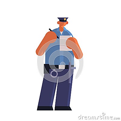 Male police officer writing report parking fine policeman in uniform security authority justice law service concept flat Vector Illustration