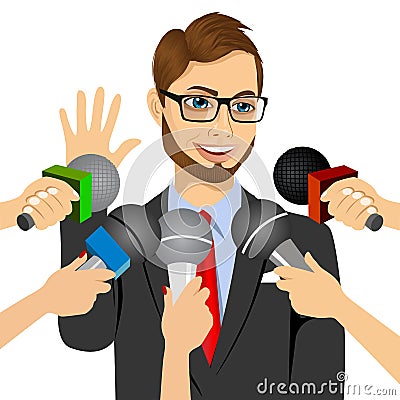 Male politician or businessman answering press questions Vector Illustration