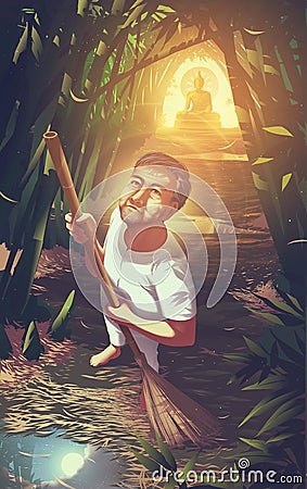 Male practitioner is sweeping leaves at the path for meditation and feeling overwhelmed with tears caused by got enlightenment to Cartoon Illustration