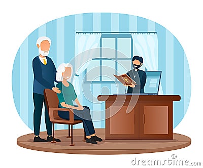 Male priest conducts church services to elderly couple online on laptop Vector Illustration