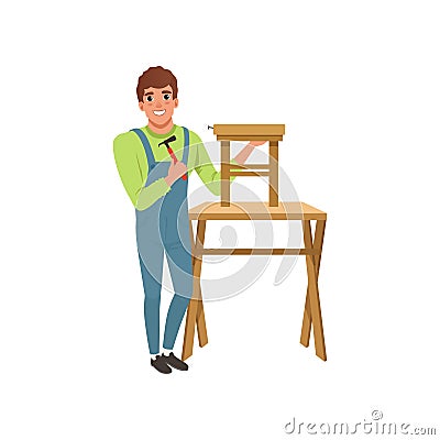 Male professional carpenter building wooden chair vector Illustration on a white background Vector Illustration