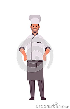 Male professional chef cook standing pose man restaurant kitchen worker in uniform cooking food concept flat full length Vector Illustration