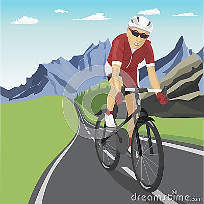 Male professional cyclist riding in mountains Vector Illustration