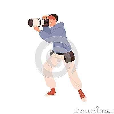 Male professional photographer taking photo holding camera vector flat illustration. Man photojournalist or reporter Vector Illustration