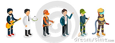 Male professionals isolated on white background. Isometric musician, fireman, waiter, electrician, janitor vector Vector Illustration