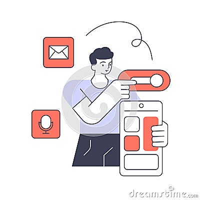 Male programmer adding turn on mail and microphone mobile application to phone software vector flat Vector Illustration