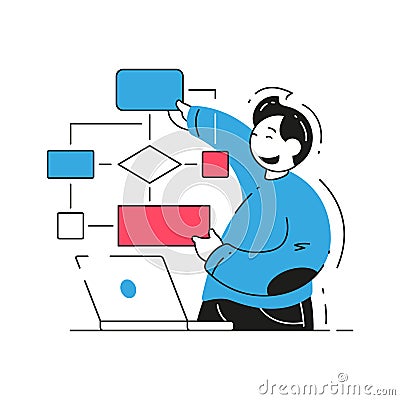 Male programmer analyzing scheme block program soft website development vector flat illustration Vector Illustration