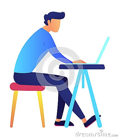 Male programmer using laptop at desk vector illustration. Vector Illustration