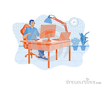 Male programmer working while listening to music. Developing software using computers and laptops. Vector Illustration