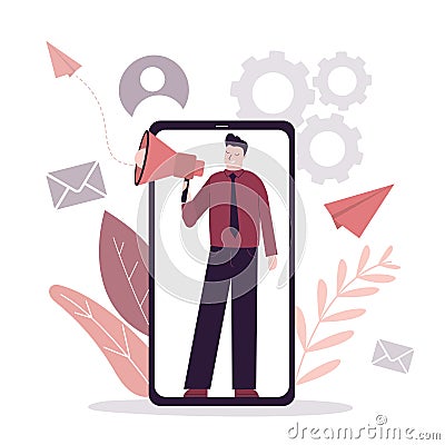 Male promoter with megaphone advertises new social network. Handsome man with loudspeaker promote new product. Business Vector Illustration