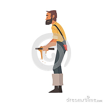 Male Prospector Sifting Golden Sand and Prills with Sieve, Bearded Gold Miner Character Wearing Vintage Clothes Cartoon Vector Illustration