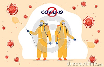 Male protective uniform respirators fighting viruses covid spraying sanitizer vector illustration Vector Illustration