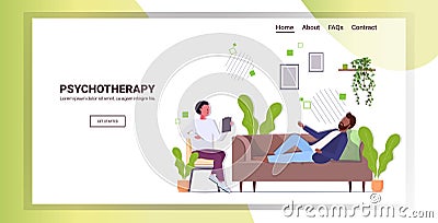 Male psychotherapist consulting depressed african american man patient during psychotherapy session Vector Illustration