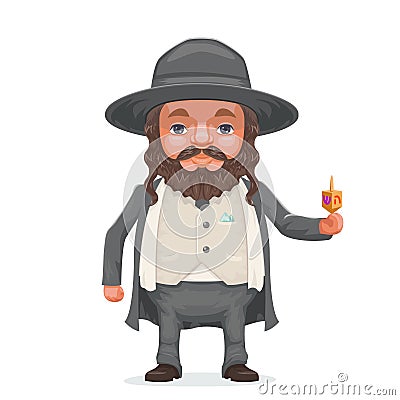 Male rabbi payot beard traditional jewish costume hold dreidel in hand cartoon character design vector illustration Vector Illustration