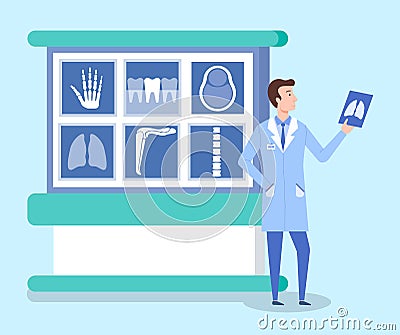 Male radiologist doctor wearing medical uniform watching a snapshot of a person s lungs in clinic Vector Illustration
