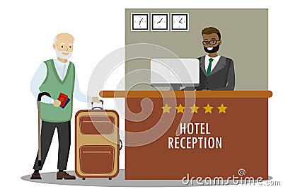 Male receptionist and Caucasian old man tourist Vector Illustration