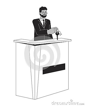 Male receptionist at hotel front desk flat line black white vector character Vector Illustration