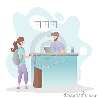 Male receptionist on Reception desk in hotel and female tourist with suitcase and backpack Vector Illustration