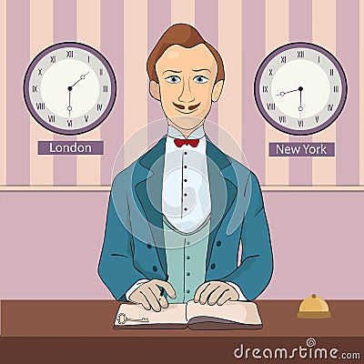 Male receptionist standing at hotel reception Vector Illustration