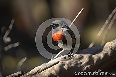male redstart bird sitting on twig, with its bright red crown shining Stock Photo