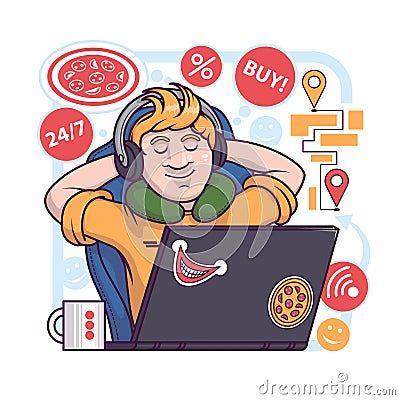 Male resting near computer, waiting for pizza delivery. Concept of electronic commerce benefits Vector Illustration