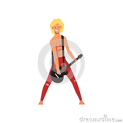 Male Rock Musician Playing Guitar at Open Air Concert, Rock Fest, Outdoor Summer Music Festival Vector Illustration Vector Illustration