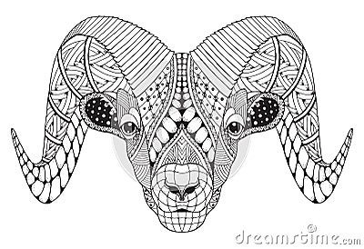 Male rocky mountain bighorn sheep ram standing zentangle stylize Vector Illustration