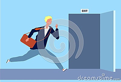 Male run to exit. Businessman fast moving to opening door evacuation or emergency escape out from office place vector Vector Illustration