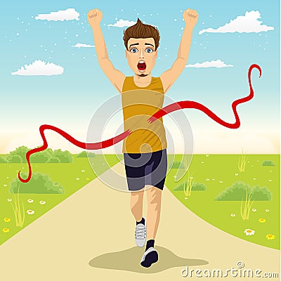 Male runner crossing red finish line outdoors Vector Illustration