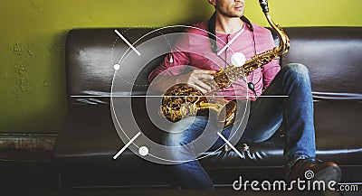 Male Saxophone Musician Label Banner Graphic Concept Stock Photo