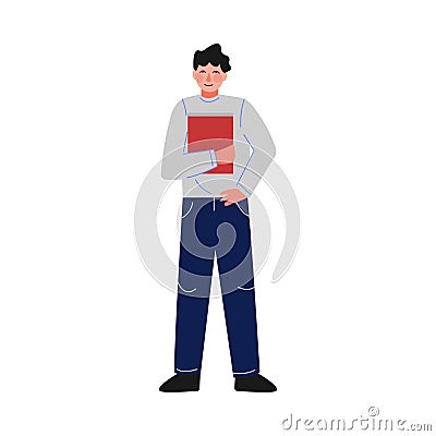 Male School Student, Smiling Teenage Boy Character Standing with Book Vector Illustration Vector Illustration