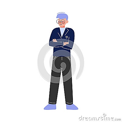 Male School Student in Uniform, Smiling Teenage Boy Character Standing with Folded Hands Vector Illustration Vector Illustration