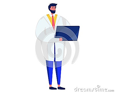 Male scientist with beard holding laptop, standing in lab coat. Professional researcher using computer. Modern Cartoon Illustration