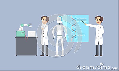 Male Scientist Character Conducting Experiments with Robots in Lab, Artificial Intelligence Technology Vector Vector Illustration