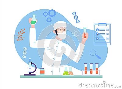 Male Scientist doing a medical research at the laboratory. Biochemical analysis with science equipment. Vector Illustration