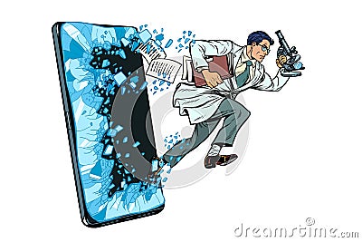 A male scientist with a microscope. Phone gadget smartphone. Online Internet application service program Vector Illustration