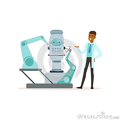 Male scientist working with robot conducting experiments in a modern laboratory vector illustration Vector Illustration