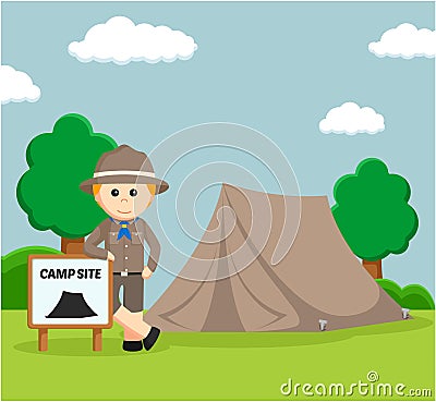 Male scout standing beside camp site Vector Illustration