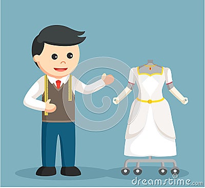 Male seamstress standing with princess dress Vector Illustration