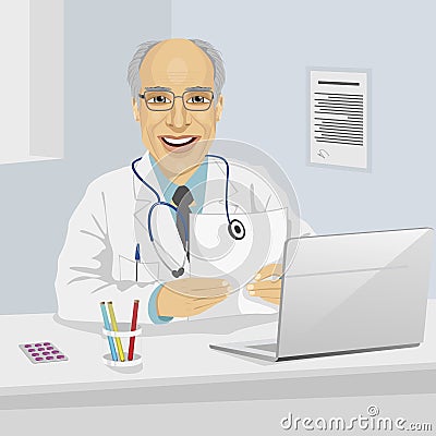 Male senior doctor holding medical prescription sitting in office with laptop Vector Illustration