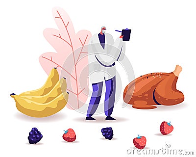 Male Senior Doctor Nutritionist Wearing White Robe Holding Clipboard Stand near Fried Chicken, Bananas and Berries Vector Illustration