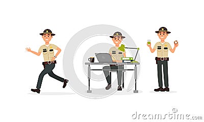 Male Sheriff in Police Uniform Running and Drinking Coffee with Doughnut Vector Illustration Set Vector Illustration