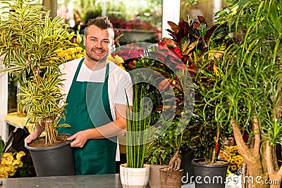 Male shop assistant potted plant flower working Stock Photo