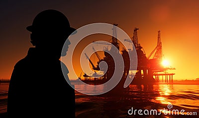 Male silhouette in a casque looking at petroleum platform on the water. Orange sunset at backdrop. Generative AI Stock Photo